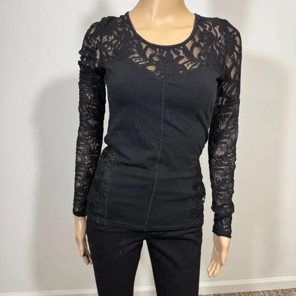 Free People Sweet Thang Blouse Black Lace Top XS Coquette Biker Grunge